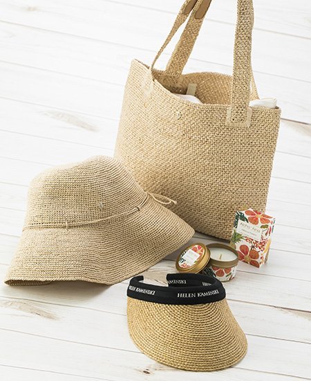 beige weave Helen Kaminsky visor, hat, and bag
