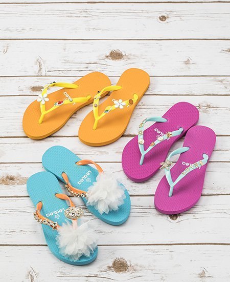 orange, pink, and blue custom beach flip flops by LeaLea Market Originals