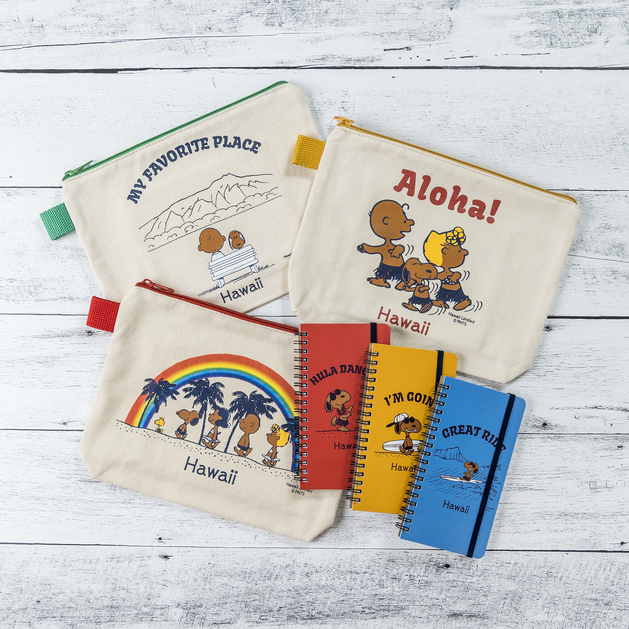 assorted tanned surfer Snoopy pencil bags and notebooks by MONI