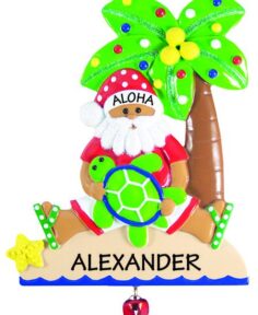 personalized ornament of a tanned Santa Claus sitting under a coconut tree
