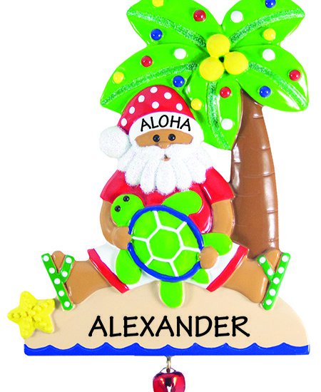 personalized ornament of a tanned Santa Claus sitting under a coconut tree