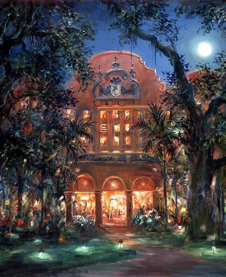 painting of The Royal Hawaiian Hotel under a full moon by Eva Makk