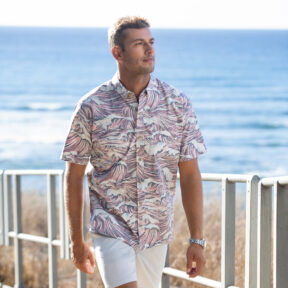 pink Kahala aloha shirt on a male model