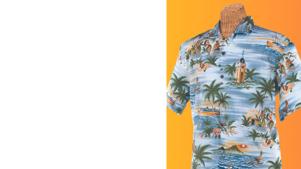 Aloha Tower design blue aloha shirt from Newt at The Royal