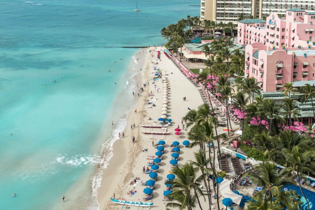 view of Waikiki beach and the Pink Palace of the Pacific